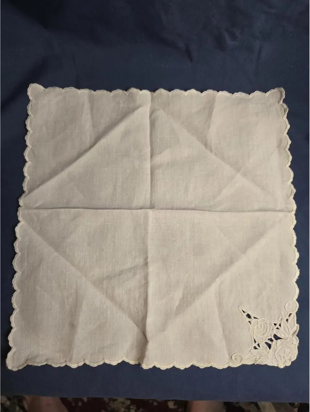 Vintage Set of 9 Embroidered White Linen Napkins with Floral Cutwork